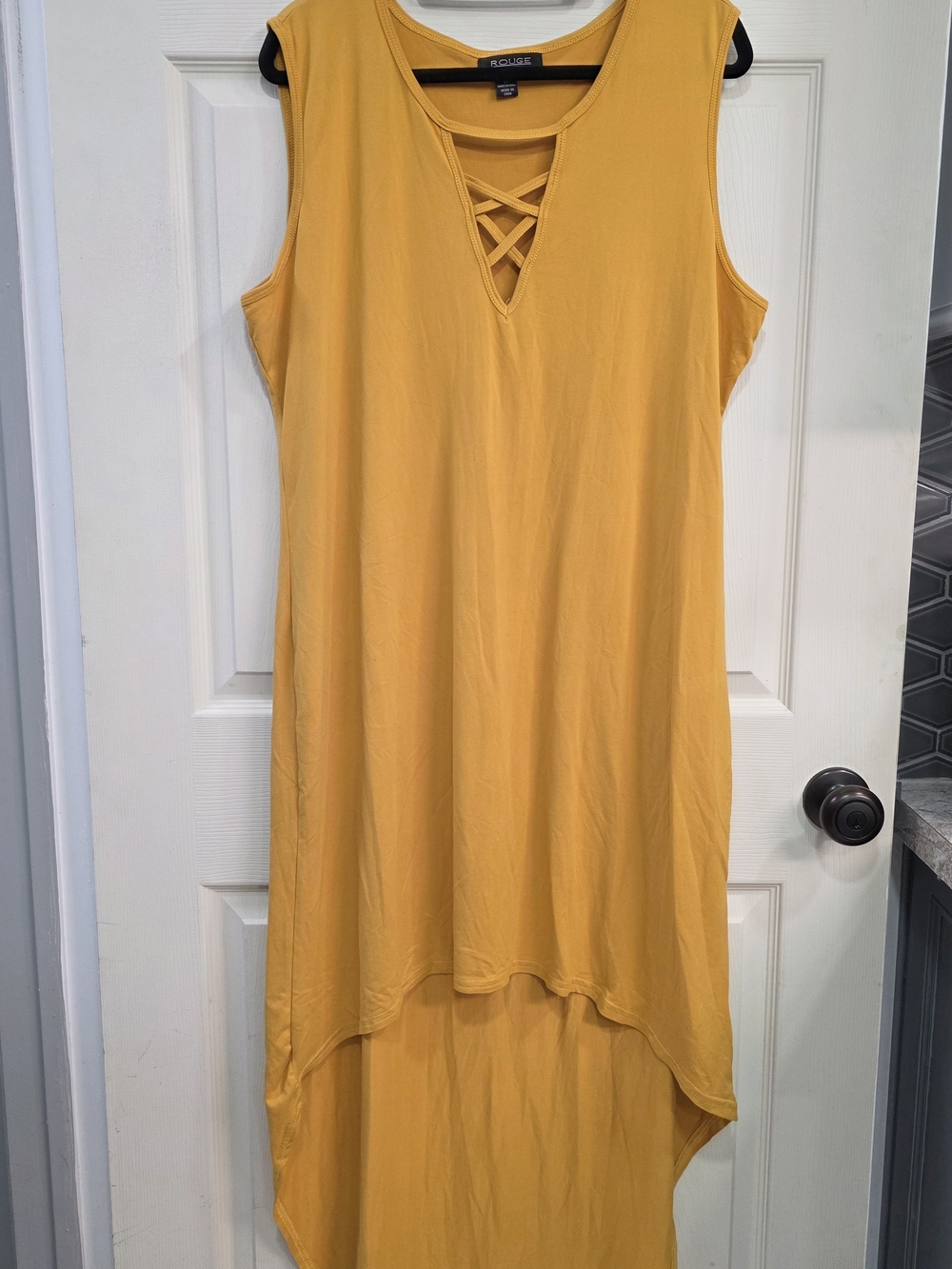 Womens Rogue Sleeveless Mustard Yellow High-Low Dress with Lattice V-Neck
